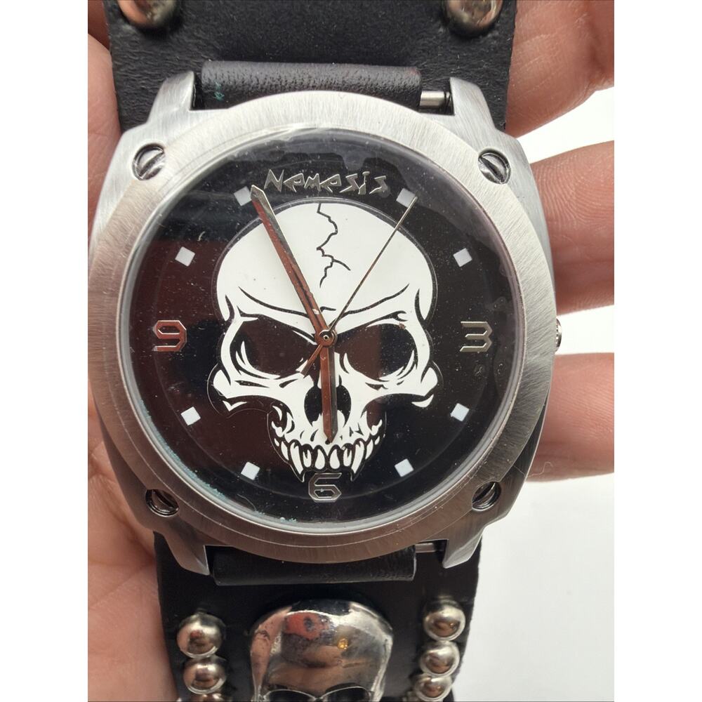 Nemesis MIC926K Analog Skull Dial Watch Wide Black Leather Cuff Band - Read